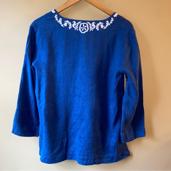 Lilly Pulitzer Blue Embroidered V Neck 100% Linen Blouse Women’s Size Medium - Picture 6 of 13